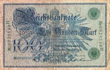 Genuine 100 Mark German empire banknote 1908 in fine cond  !!!