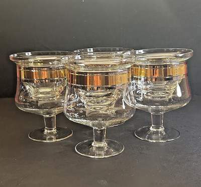 Rare Pasabahce Crystal Shrimp Cocktail Glasses w Ice Liners Gold Band Set of 4