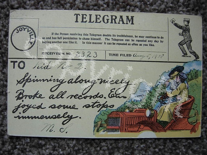 COMIC TELEGRAM PC-23 SKIDOO-JOYVILLE-AUTO LOVERS-1908-ENJOYED SOME STOPS