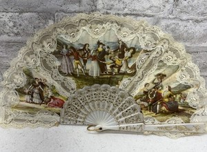 Vintage Hand Folding fan Hand Painted Fabric Victorian Scene With lace edging