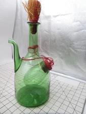 Vintage Green Glass Wine Decanter Bottle with Ice Chamber & Straw Cork