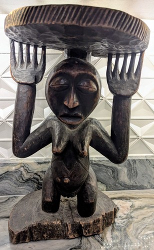 Congo African Luba Statue Hand Carved Wood Tribal  20th Authentic 1940s