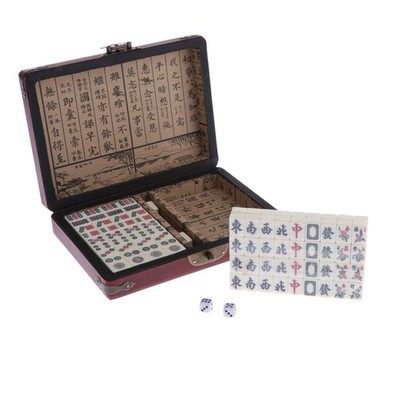 Mahjong Set, Spielsteine mit tragbarem Holzkoffer - traditionelles Spiel
