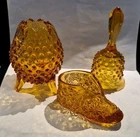 Group Of 3 Vintage Fenton Amber Hobnail Glass Items- Egg, Shoe, Bell