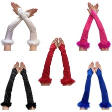 1Pairs Women Elastic Elbow Length Fingerless Long Gloves Feathered Opera Gloves