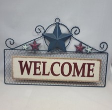 WELCOME Sign Metal and Wood Americana Decor Wall Hanging Country Home Rustic
