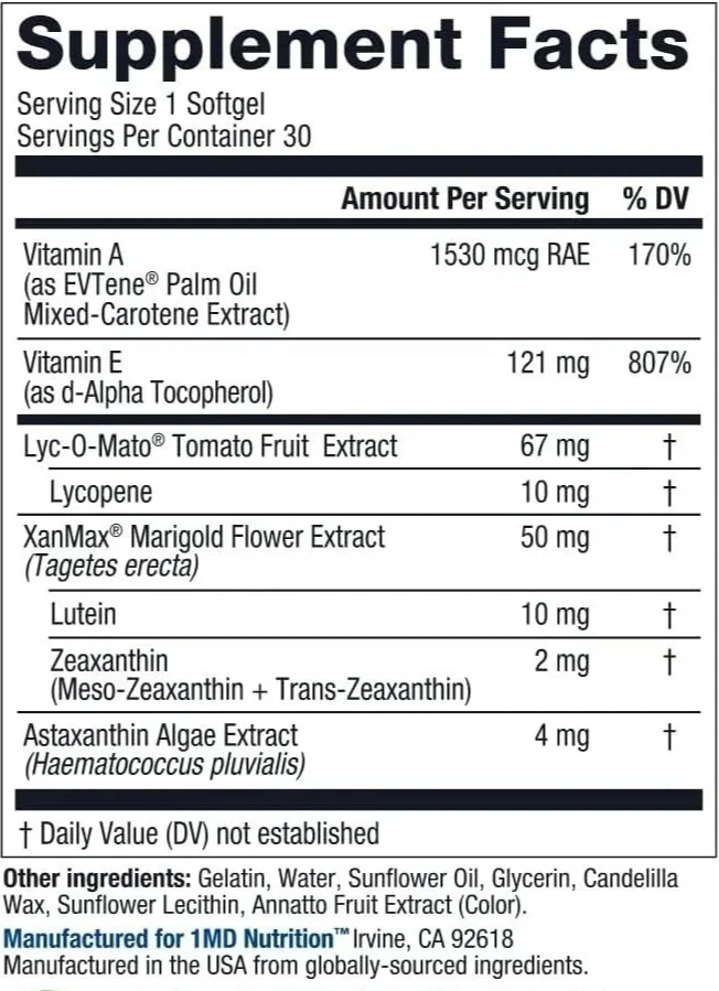 Vitamina para ojos 1MD Nutrition Vision MD CARMIS - Suplemento para ojos - 30 cápsulas blandas EE. UU. Foto 2 de 4