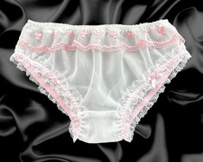 White Sissy Sheer Nylon Frilly Lace Soft Satin Bow Panties Knickers SIze 10-20