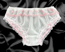 White Sissy Sheer Nylon Frilly Lace Soft Satin Bow Panties Knickers SIze 10-20