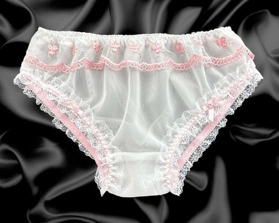 Weiß Sissy durchsichtig Nylon Rüschen Spitze weich Satin Schleife Höschen Slips Gr. 10-20