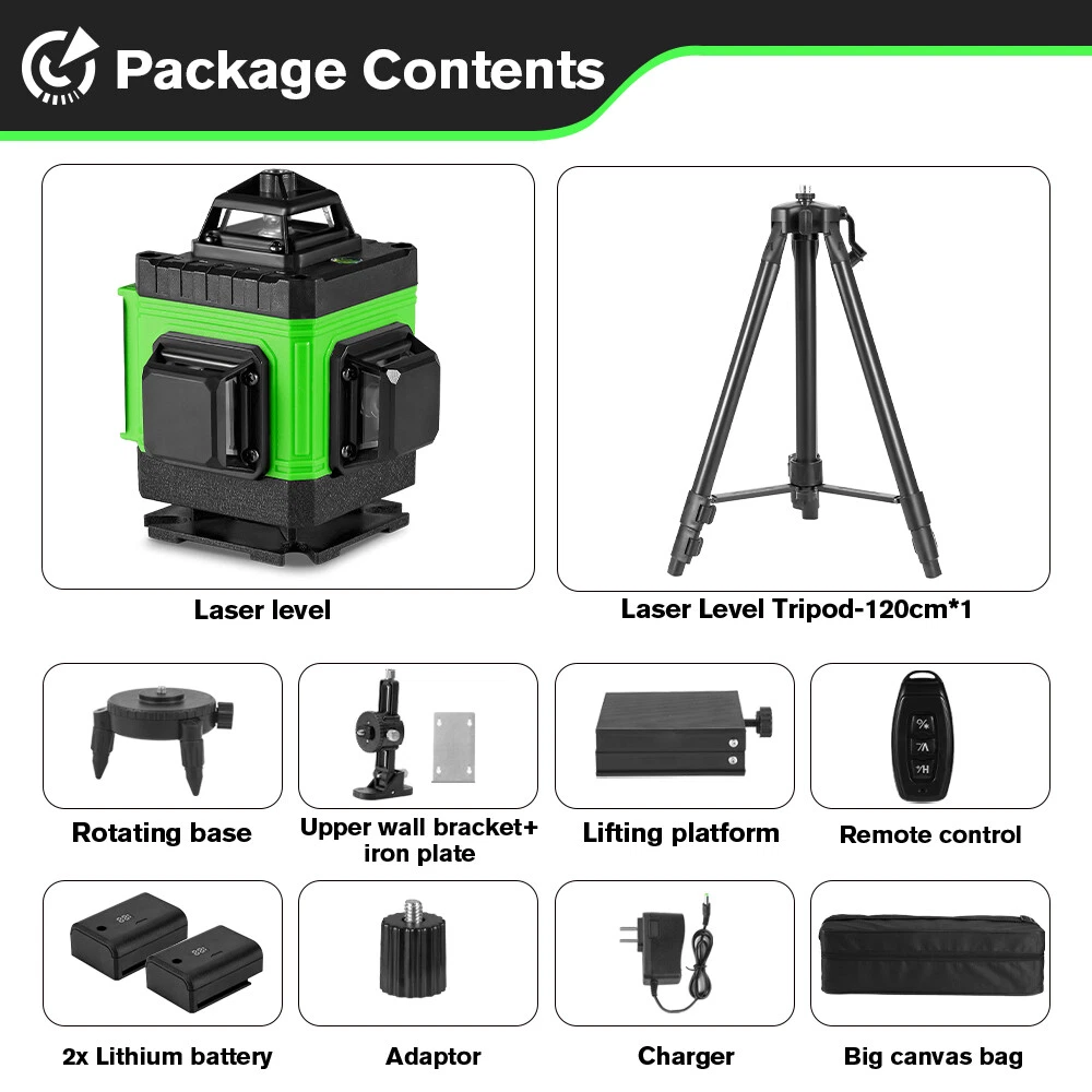 Laser Level 360° Self Leveling 16 Lines 4D Laser Level Measure Tool With Tripod