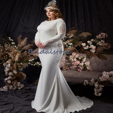 Large Size Boho Mermaid Wedding Dress Long Sleeves Satin Bohemian Bridal Gowns