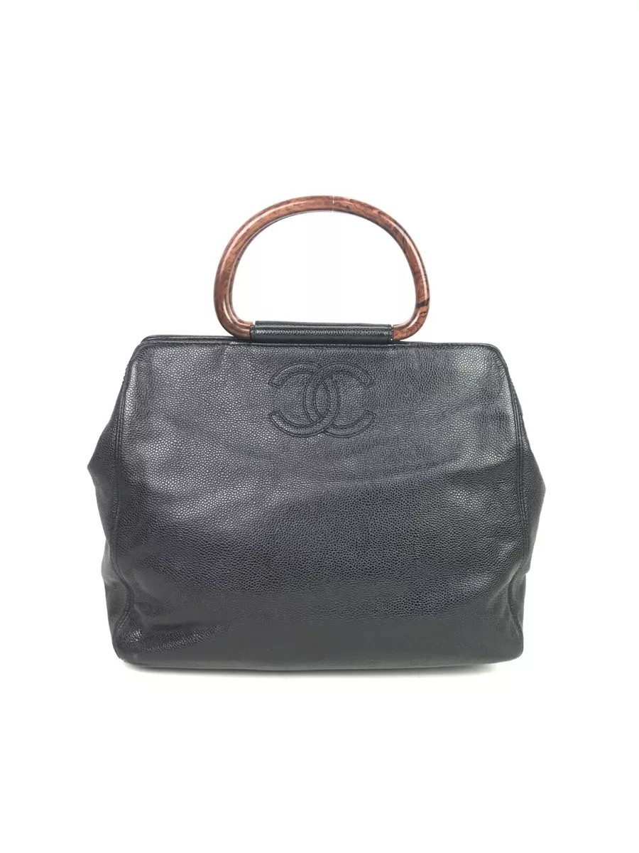 Chanel Black Caviar Leather Vintage Wooden Handle Tote