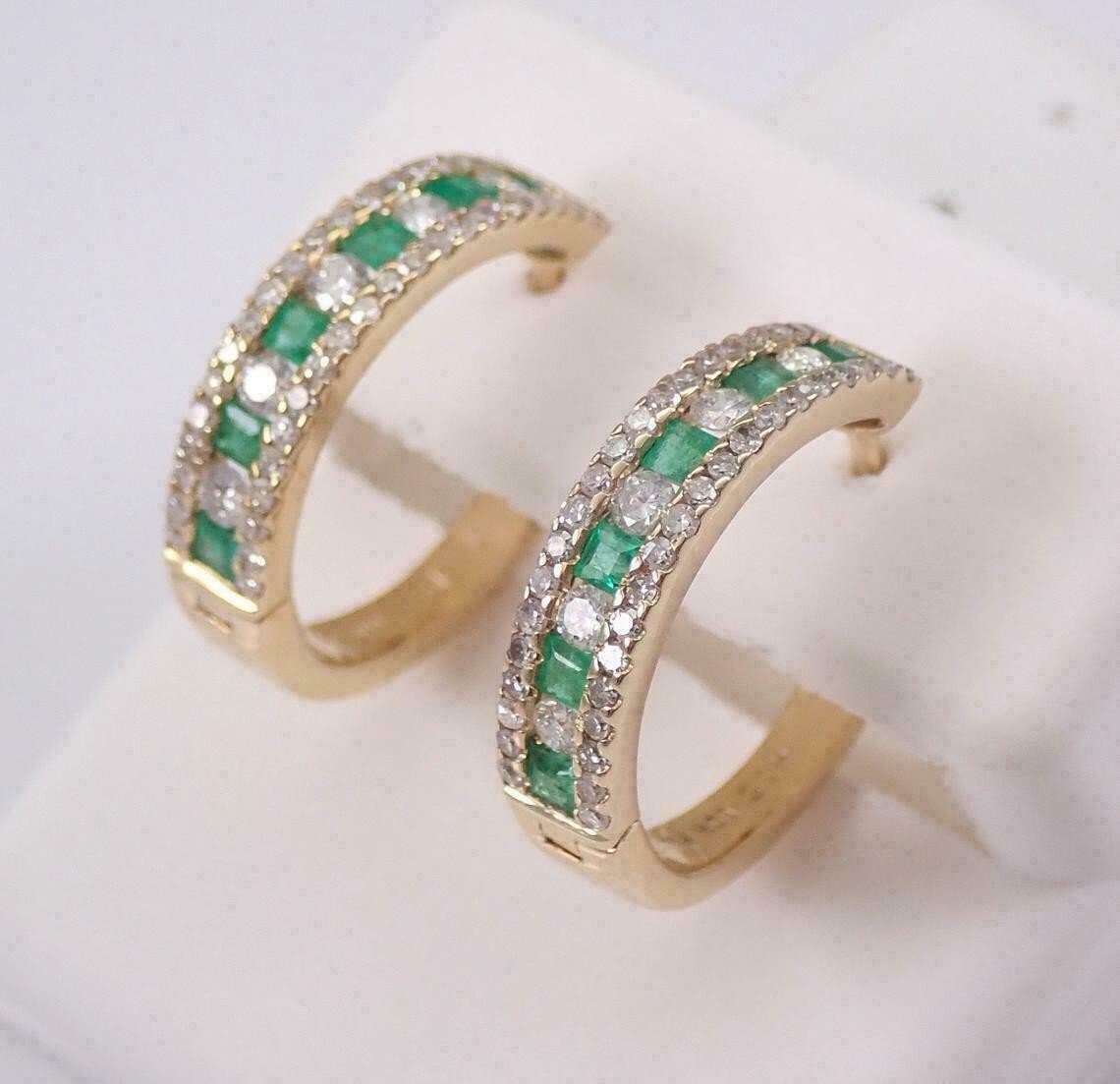1.30Ct Princess Cut Green Emerald Hoop Earrings in 14K Gold