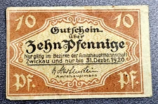 ZWICKAU NOTGELD 10 PFENNIGE 1920 EMERGENCY MONEY GERMANY BANKNOTE (33614)