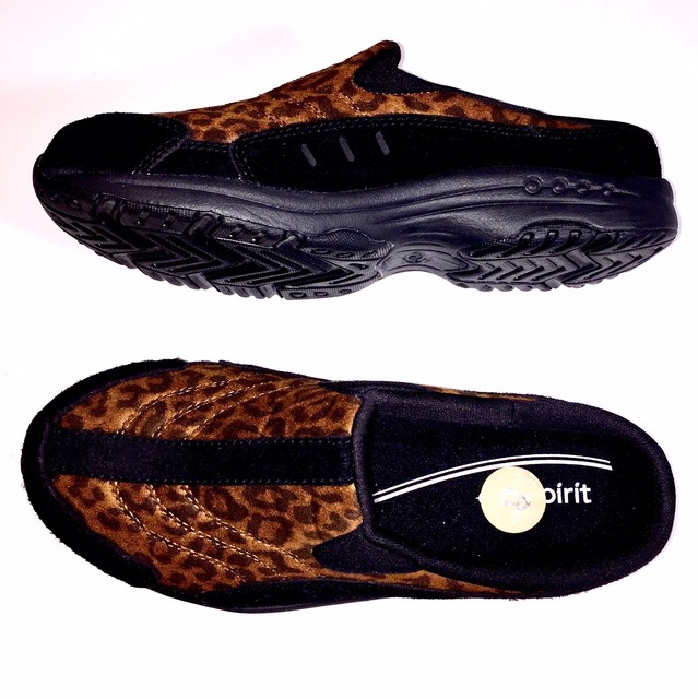 Easy Spirit Traveltime Clogs Leopard Brown Black Suede Athleisure Mules