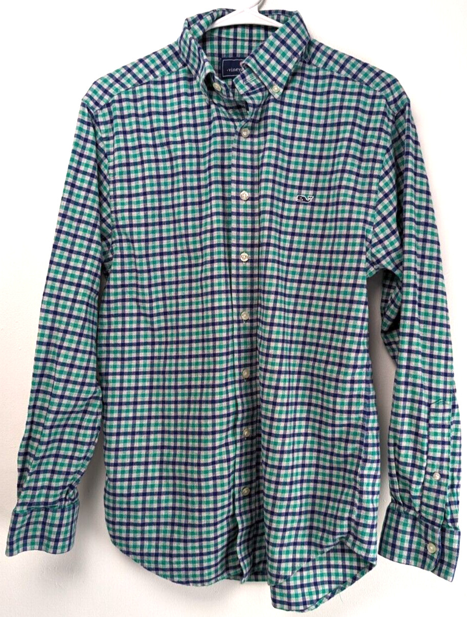 Vineyard Vines Men Small Blue Green Plaid Button Down Flannel Whale Shirt Casual