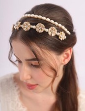 Pearls Wedding Headband Gold Flowers Pearls Hair Tiara Rhinestone Pearls Brid...