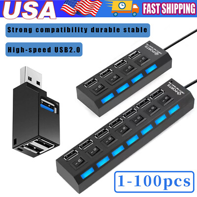 USB Hub 7 Port On/Off Switch High Speed Splitter AC Adapter Cable PC Laptop Lot