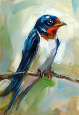 Original Oil Painting Swallow Bird Art Colorful Garden Bird Decor 4x6"