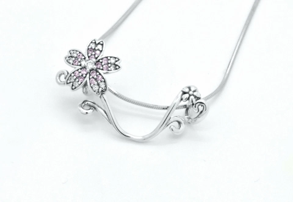 925 Sterling Silver Pink Sapphire Floral Flower Bridal Slider Pendant Necklace - Image 3 of 3