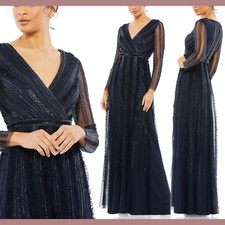 NWT Mac Duggal [ 14 ] Faux Wrap Illusion Long Sleeve Gown Midnight Blue G1509