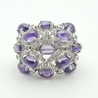 New Sterling Silver Cabochon Amethyst & White Topaz 20mm Wide Ring Band Size 7