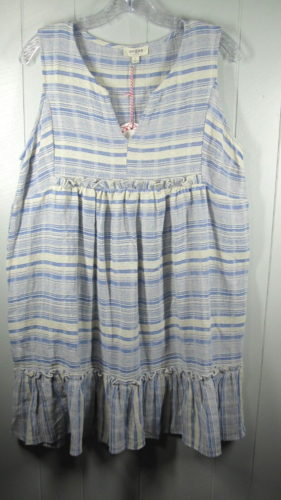 Umgee Tank Dress L Blue White Stripe Cotton Linen Tiered Ruffle Coastal Beachy