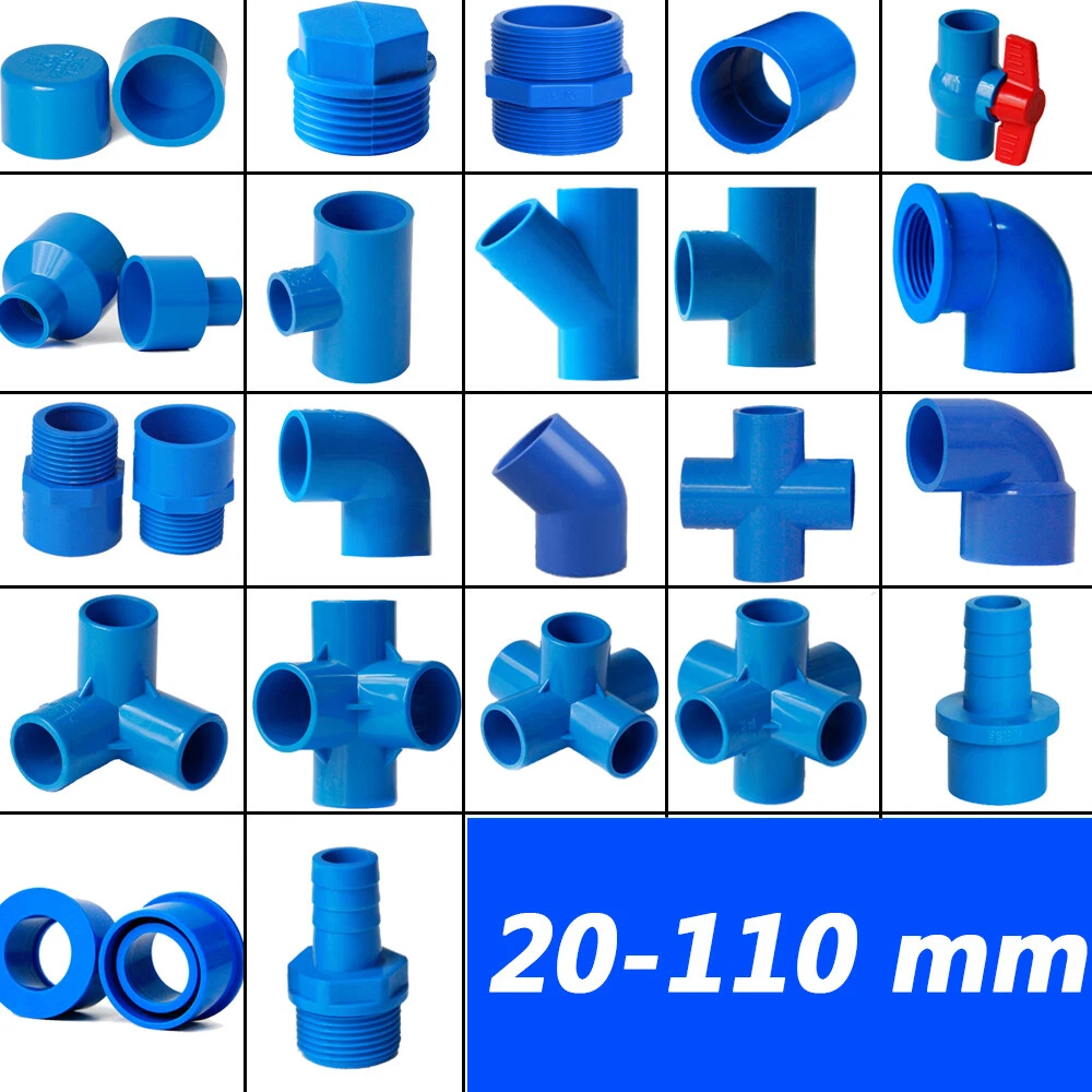 Blue PVC Pipe Adhesive Fittings Sleeves Reducer Bend Elbow Tee Cross Ball  Valve