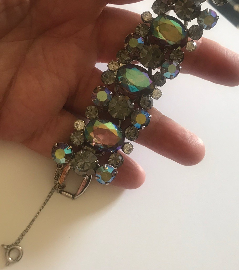Juliana Rhinestone Bracelet Peacock Blue Borealis VINTAGE D&E Link FABULOUS View 6