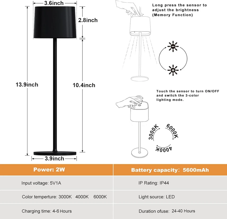 Paquete de 2 lámparas de mesa inalámbricas recargables LED táctiles regulables inalámbricas luces de cabecera Foto 4 de 4