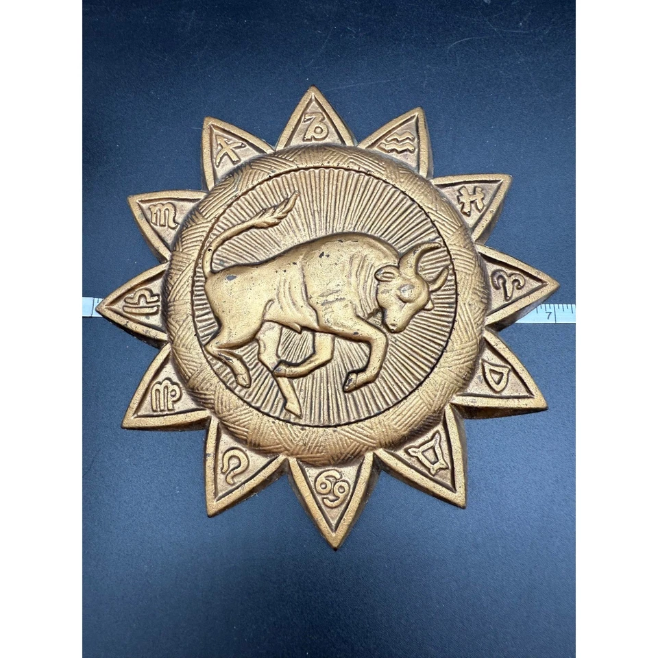 Vintage Chalkware Zodiac Plaque Taurus Bull Astrology Sunburst Wall Hanging - Image 4 of 4