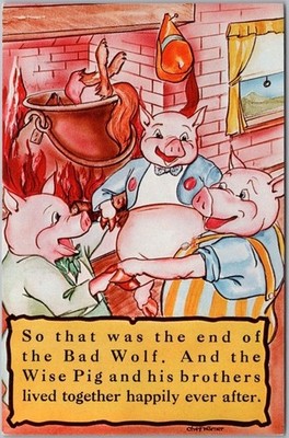c1959 -3 LITTLE PIGS Fairy Tale Postcard 12 of 12 ''The End of the Big Bad Wolf''