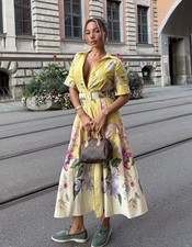 ZARA Yellow Floral Printed Belted Shirt Midi Dress Size XS 8620/134 Holiday