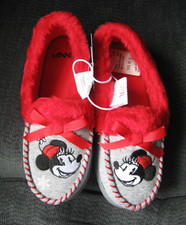 Disney Minnie Mouse Moccasin Style Slippers Grey/Red Girl Size 13/1 NWTs