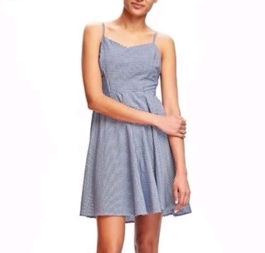 Old Navy Fit Flare Cami Blue White Gingham Smocked Summer Swing Mini Dress (L)