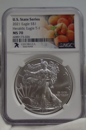 2021 AMERICAN SILVER EAGLE $1 GEORGIA #14 OF 50 U.S. STATE SERIES T-1 NGC MS 70