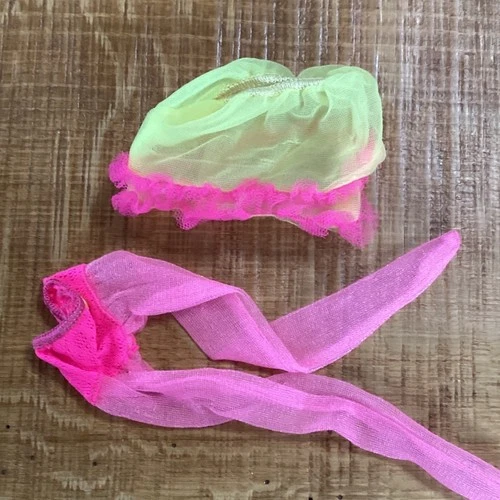 Vintage Barbie Mattel Neon Yellow Mesh Skirt Pink Lace Trim and Sheer Tights Set