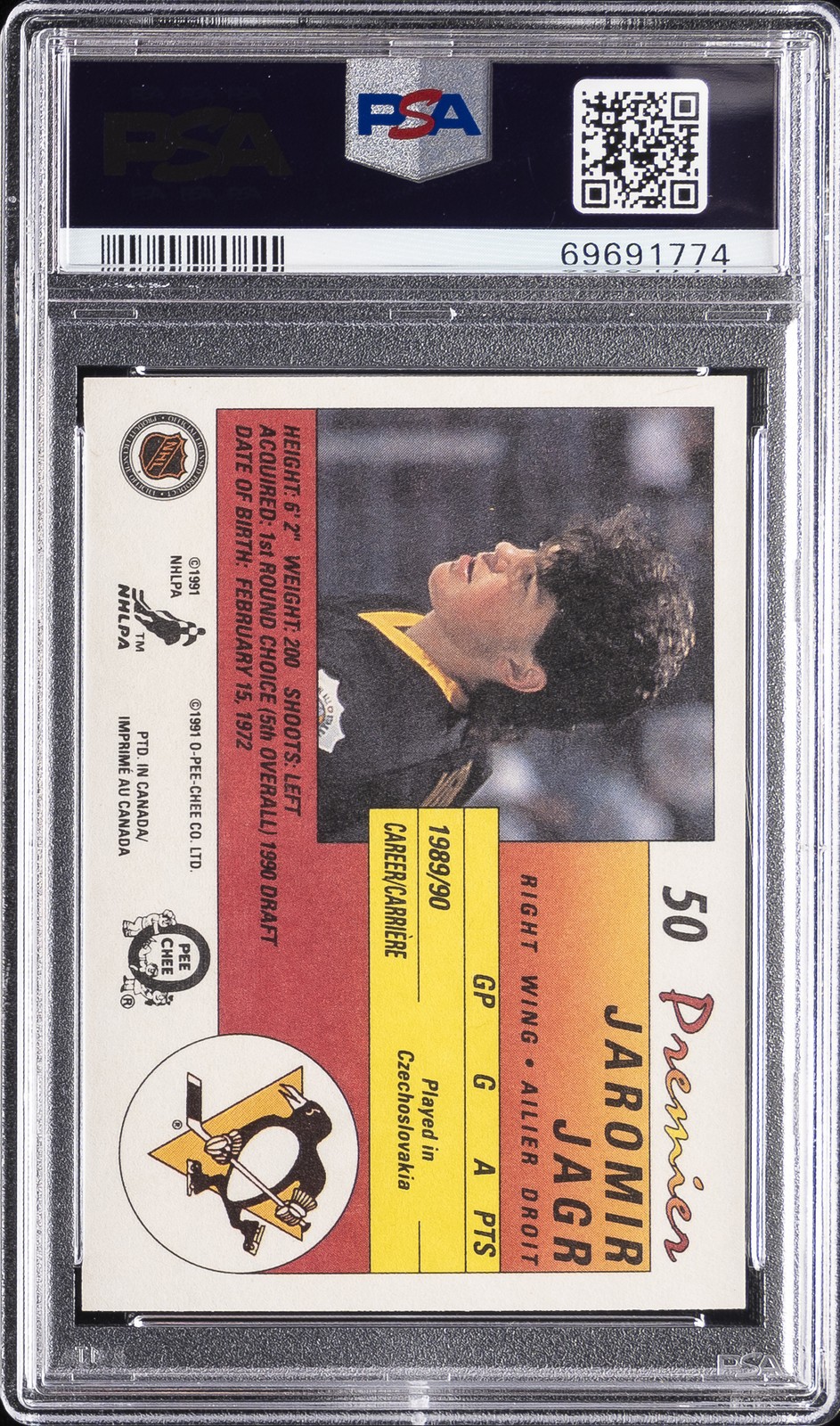 1990 O-PEE-CHEE PREMIER #50 JAROMIR JAGR ROOKIE RC PSA 9 DNA AUTO 10 view 2