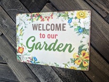 Welcome To Our Garden Sign - Floral Botanical Outdoor Decor - 12 x 8 in
