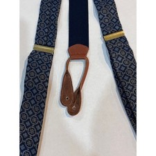 Silk Suspenders Braces BLUES Floral Medallions Brown Leather Fully Expandable