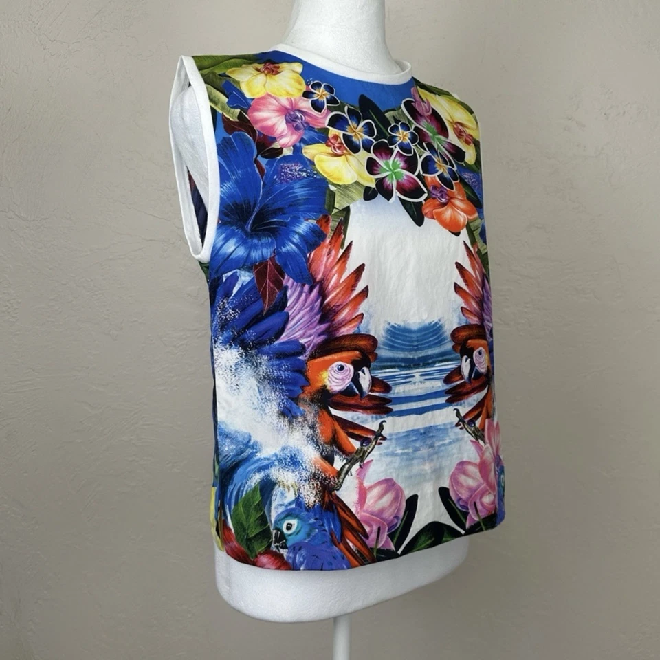 Top sin mangas de popelina de algodón estampado tropical DSQUARED2 talla 42 IT 6 EE. UU. Foto 2 de 4
