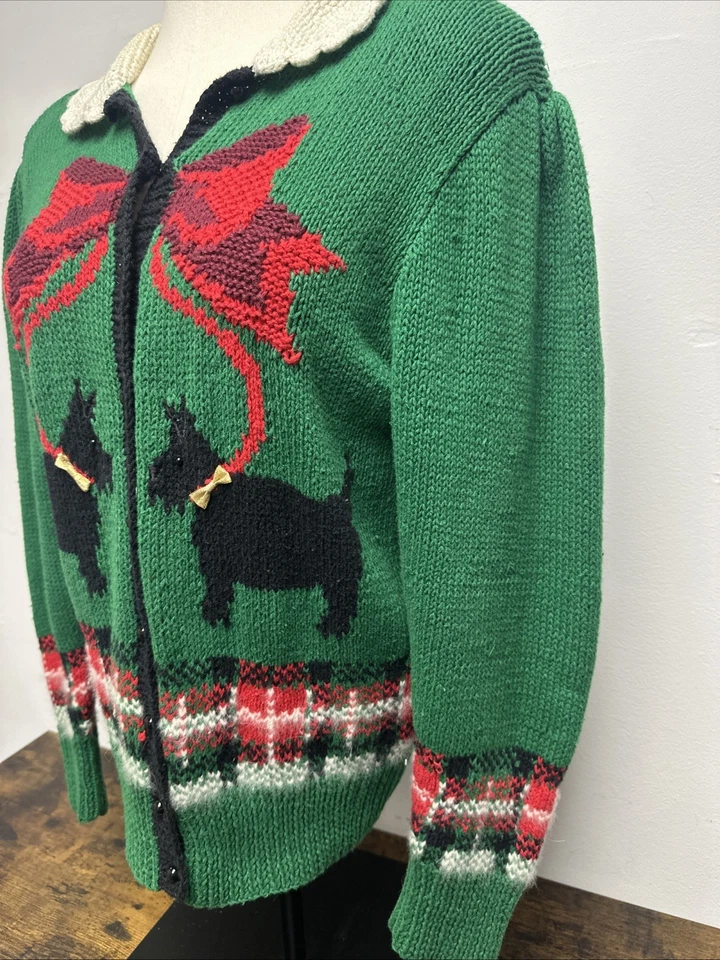Suéter Vintage Años 90 Marisa Christina Mujer Verde Scottish Terriers Cárdigan M Foto 2 de 4