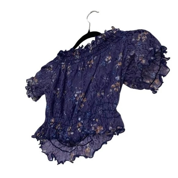 Blusa camponesa XOXO fora do ombro manga pequena babado náilon Y2K - Imagem 3 de 4