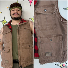 Vintage 90s Y2K Plaid Lined Khaki Lumberjack Vest Workwear Utility Gorpcore - M