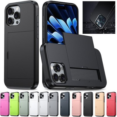 Slide Wallet Card Slot Case Armor Cover For iPhone Air 17 16 15 14 13 12 Pro Max