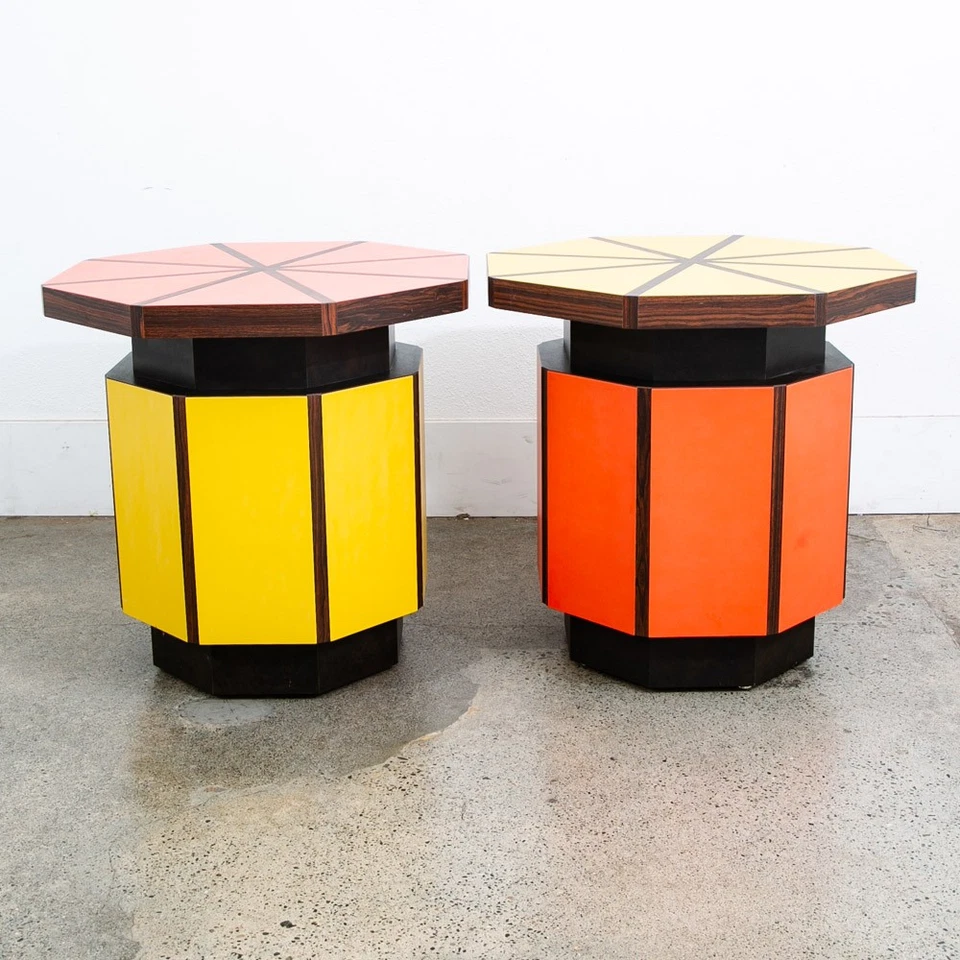Mid Century Modern End Tables Side Nightstands Rosewood Octogon Orange Yellow - Image 4 of 4