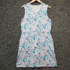 T by Talbots Knit Dress Womens Medium Pink Blue Tropical Floral Tassel Casual