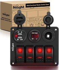 Nilight 4Gang Rocker Switch Panel with USB Charger Voltmeter and Red, Red 