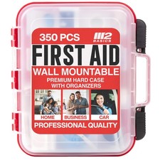 Professional 350 Piece First Aid Kit, Wall Mountable Dual Layer Hard Case for...